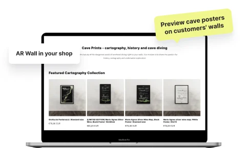 The Cave Prints shop with its cartography poster collection, and AR Wall previewing the posters on a customer's wall