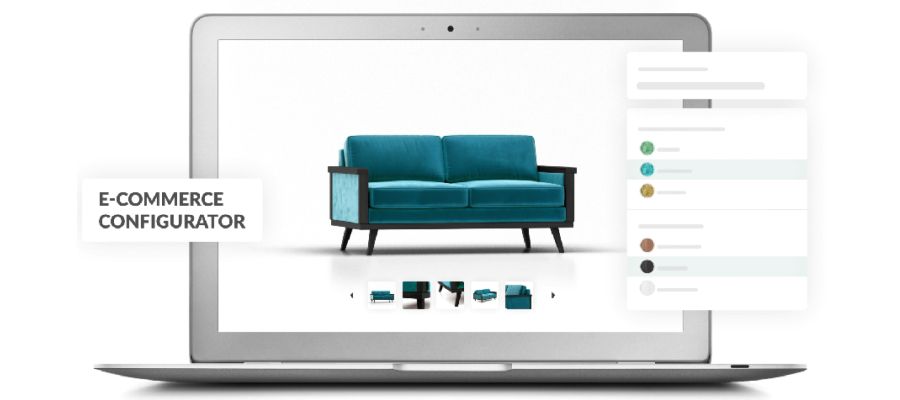 A laptop showing an e-commerce configurator: a blue sofa with colour and material options listed on the right.