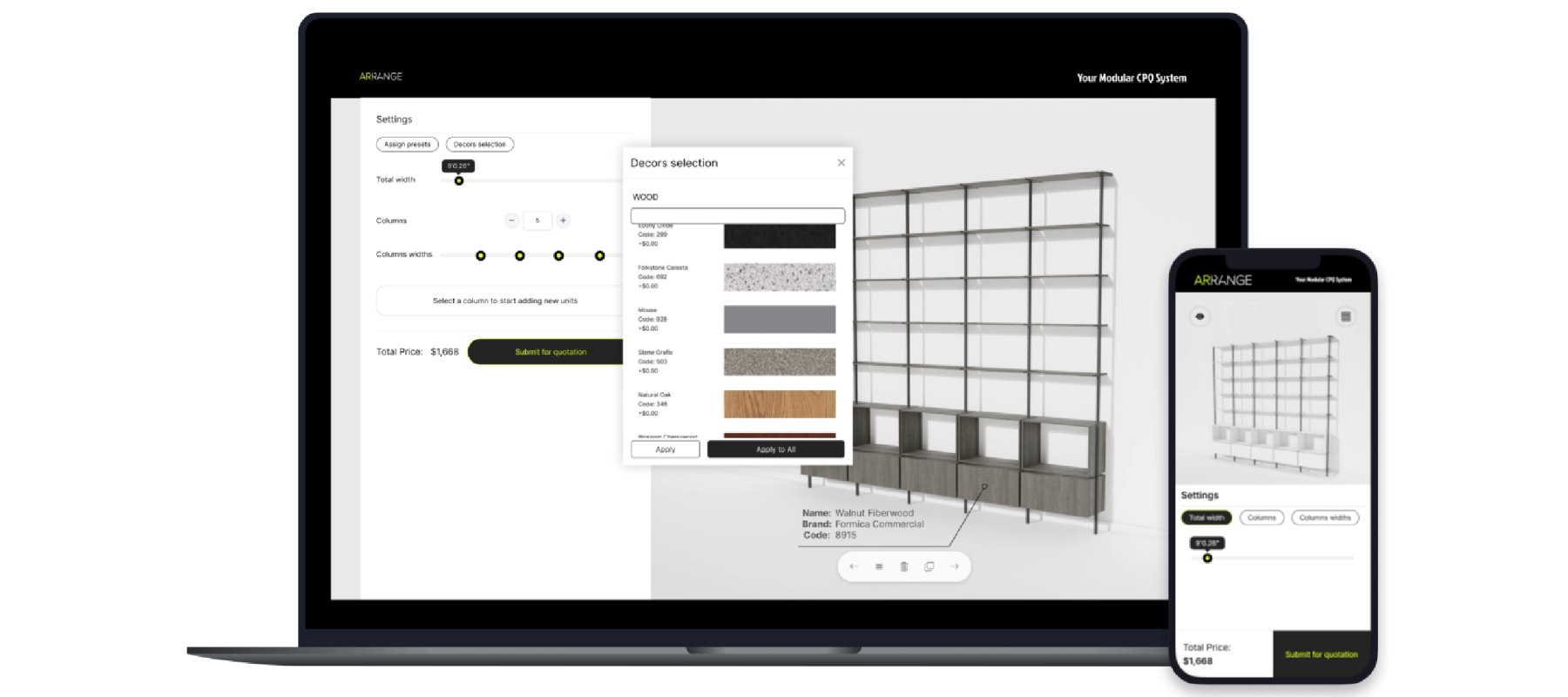 A responsive 3D shelving configurator displayed on a laptop and smartphone. The interface shows customization options for width, columns, and materials, with a 3D visualization of a modular shelving system. A decor selection window on the laptop displays material options like Walnut Fiberwood and Stone Graphite.