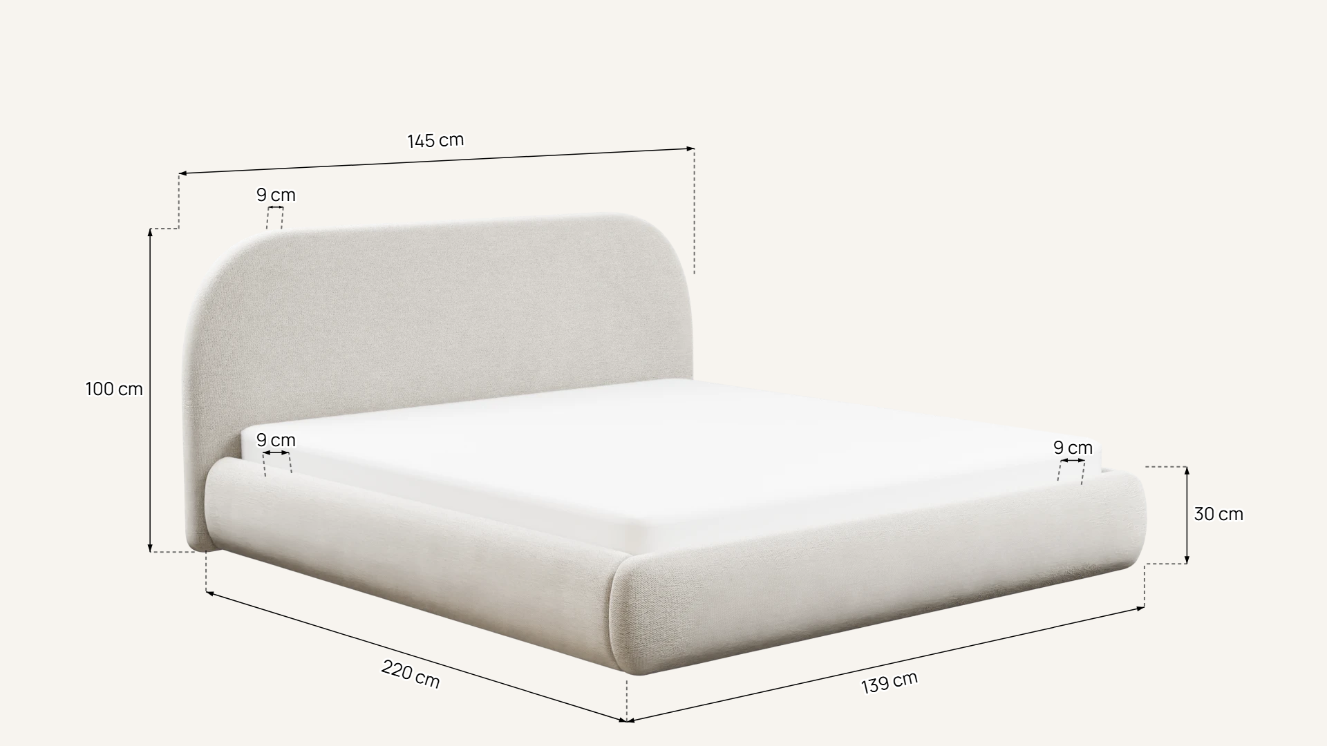 An upholstered bed render with the dimension grid drawn over it: width, length, headboard height and base height, generated from the variant record