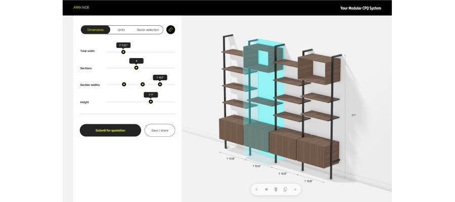 The image shows a design interface of a parametric configurator for a modular shelving system. On the left, there are controls for adjusting the dimensions, including total width, number of sections, section widths, and height. On the right, a 3D model displays the shelving unit with its measurements. The shelving system features wooden shelves and cabinets supported by a metal frame