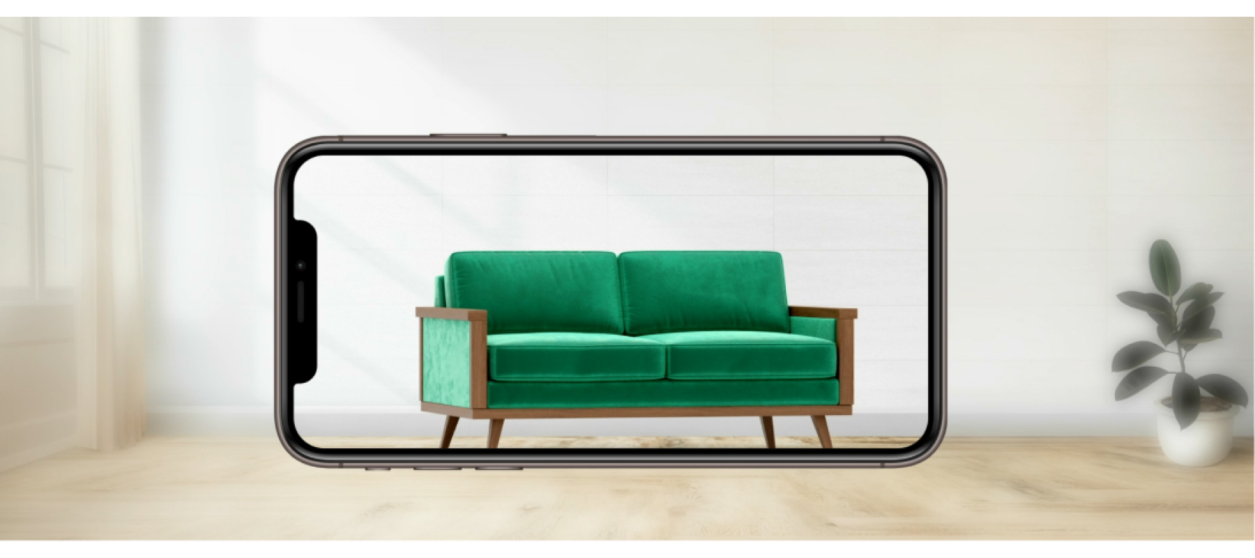 The image shows a smartphone displaying a blue sofa in augmented reality. In the background, you can see a modern living room, wooden flooring, and potted plants.