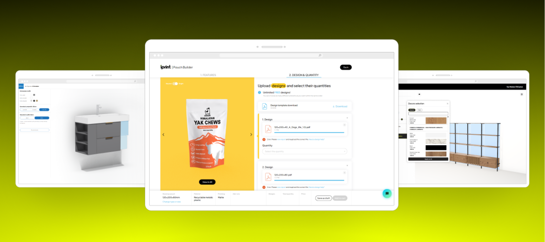 Three product configurator interfaces on a gradient yellow background, showcasing customization options for a bathroom cabinet, a packaging design, and a shelving unit.