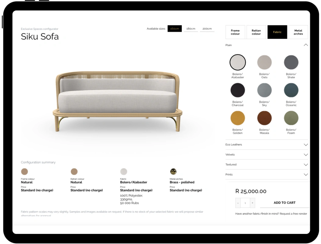 tablet displaying the Sofa product configurator interface with various customization options for fabric colors.