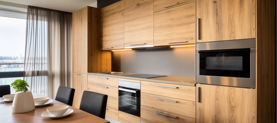 The image shows a sleek, modern kitchen setup featuring a built-in oven and a stand mixer. The oven is integrated into brown cabinetry. The overall color scheme is a harmonious blend of brown, and silver, creating a clean and sophisticated look