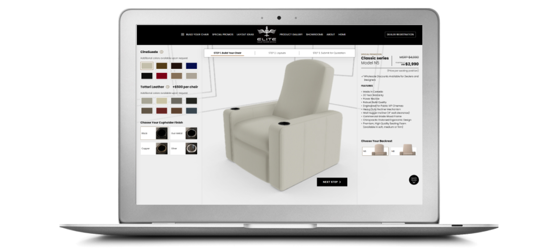 The image shows a laptop displaying the 3D product configurator interface. The screen features a recliner with various customization options.