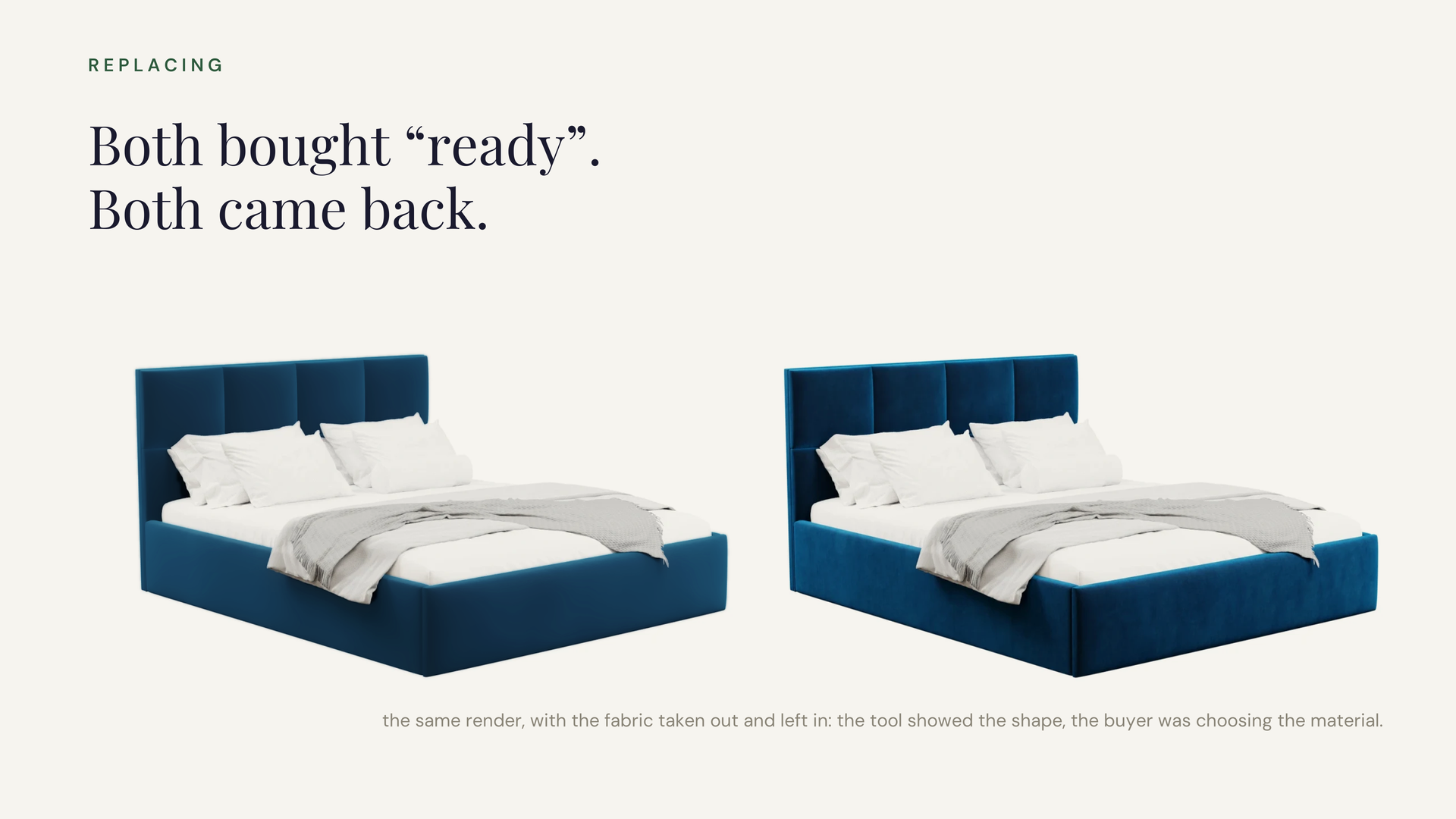 The same bed rendered twice side by side: on the left with its fabric filtered away, flat and plastic, as a real-time configurator drew it; on the right the real render, navy velvet with its pile and sheen