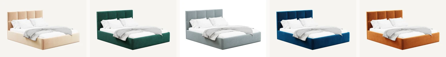 The same upholstered bed rendered in five fabrics, side by side: cream bouclé, forest green, pale grey, navy and rust