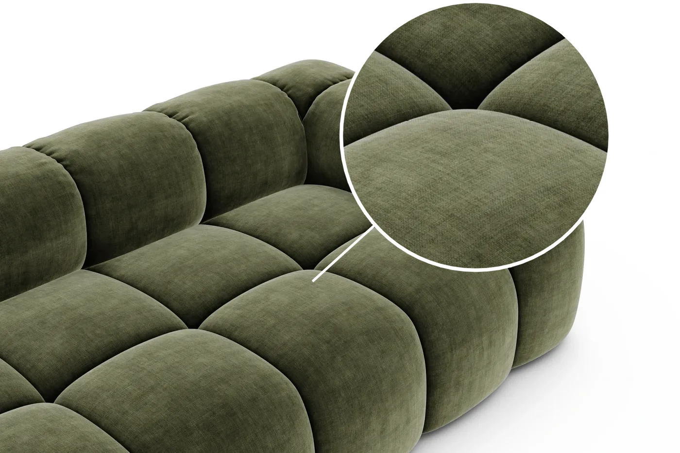 An olive chenille sofa with a circle magnifying one seat: at that size the weave and the directional sheen are there to see, and at page size neither is