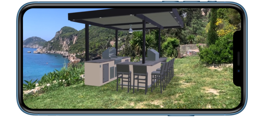 A blue sofa shown on a smartphone screen next to a QR code that opens the AR view