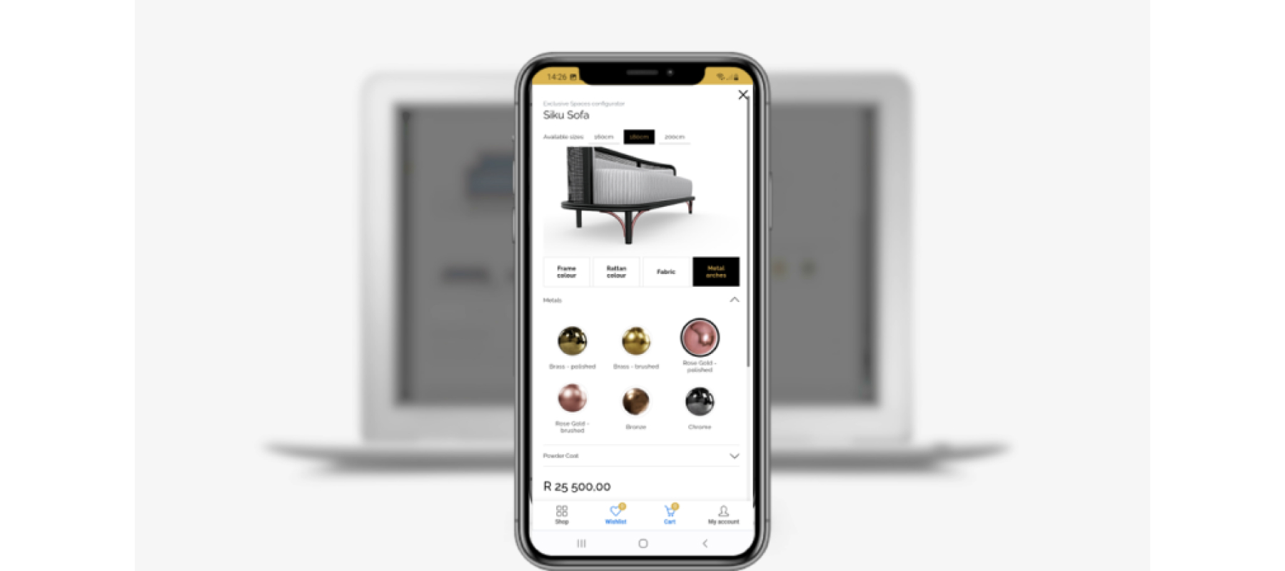 A smartphone displaying a "Siku Sofa" customisation interface. Users can select different options for frame colour, rattan colour, fabric, and metal arches.