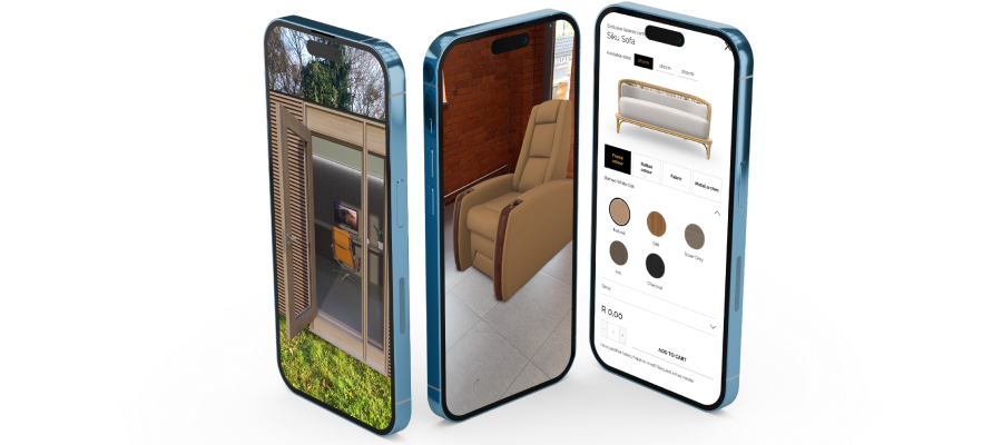 three smartphone screens showing augmented reality views and one with the configurator interface