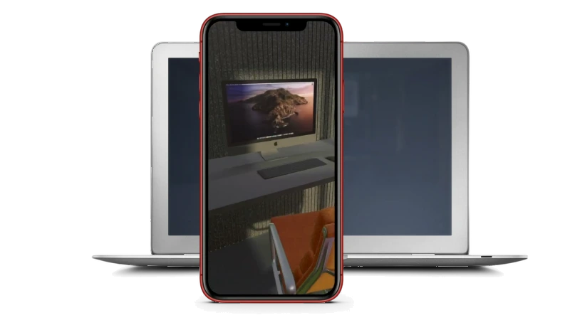Inside the garden office in augmented reality, with the desk and chair