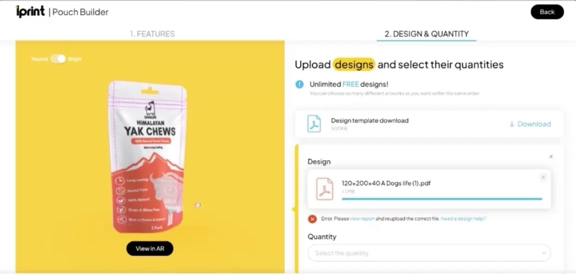 The upload step of the Pouch Builder: the artwork on the pouch, the uploaded file with its preflight message, and the quantity to order