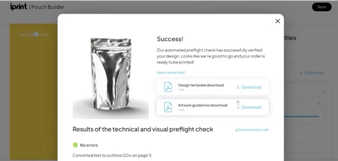 The preflight result: a success message, the technical and visual check with no errors, and the report to download