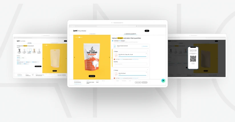 Three screens of a packaging configurator: material and finish on a pouch, the customer's artwork uploaded and shown on it, and the QR code that opens it in AR