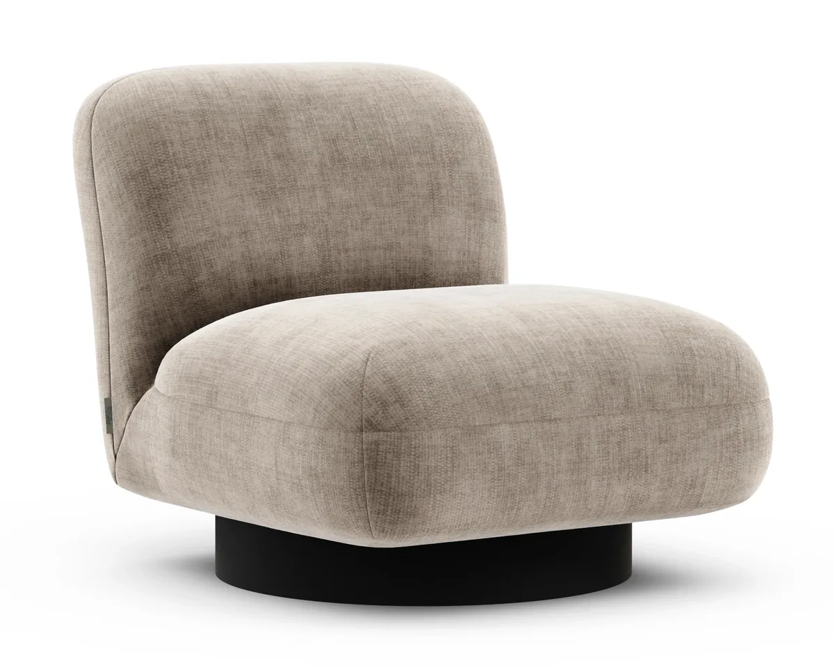 Graf armchair in Fargotex Golden 21, a warm greige chenille velvet, three-quarter view