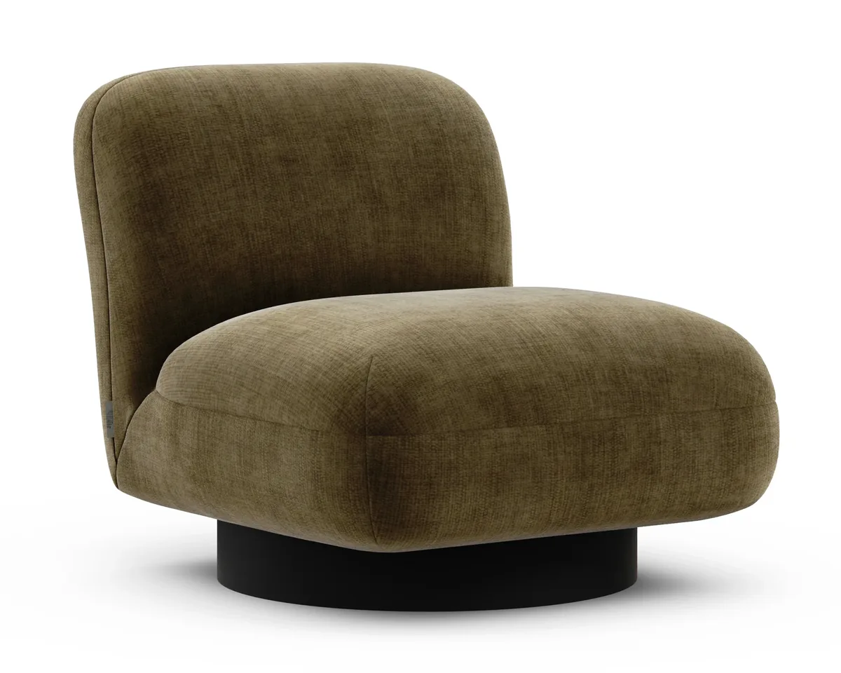Graf armchair in Fargotex Golden 34, an olive chenille velvet, three-quarter view