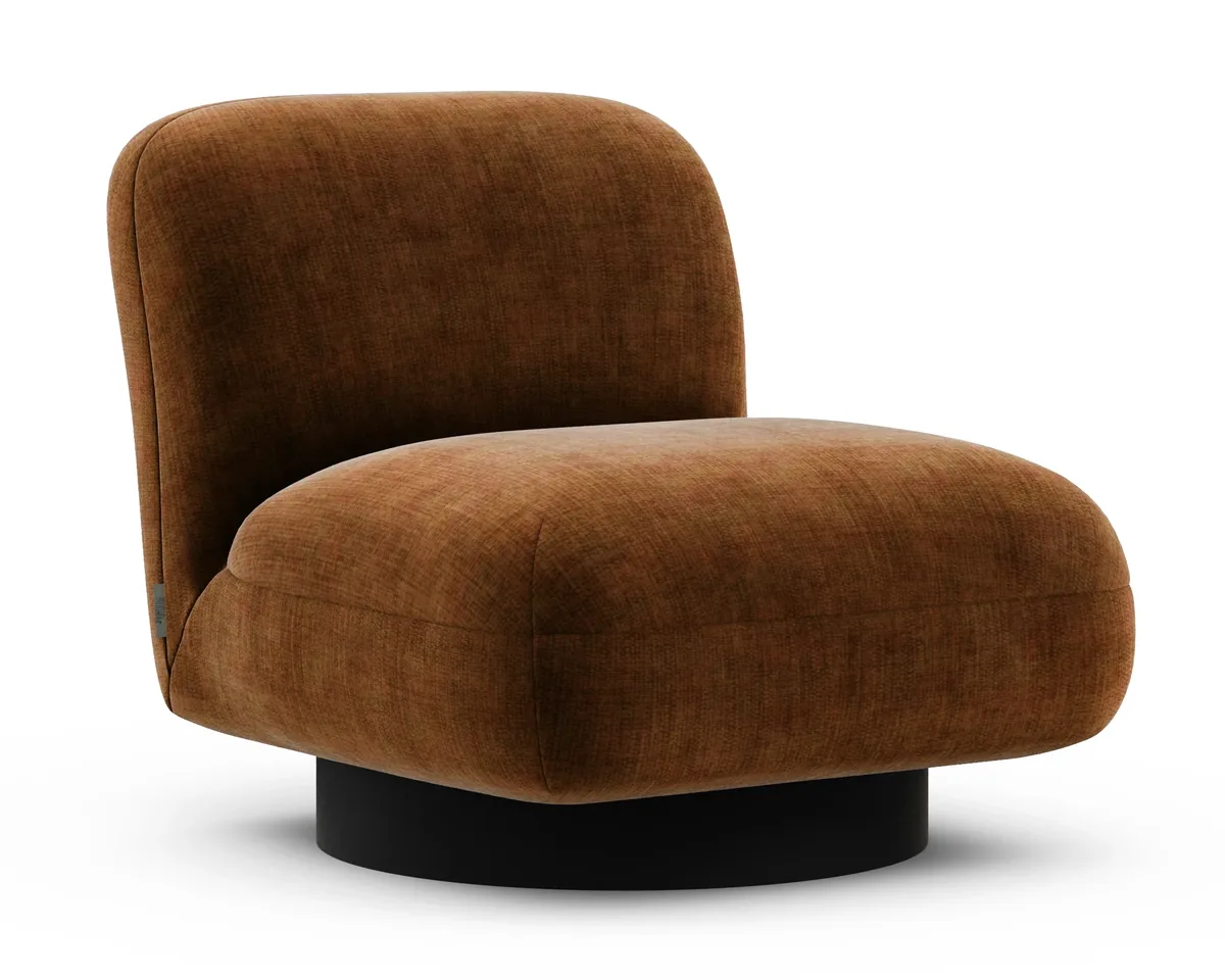 Graf armchair in Fargotex Golden 56, a rust chenille velvet, three-quarter view