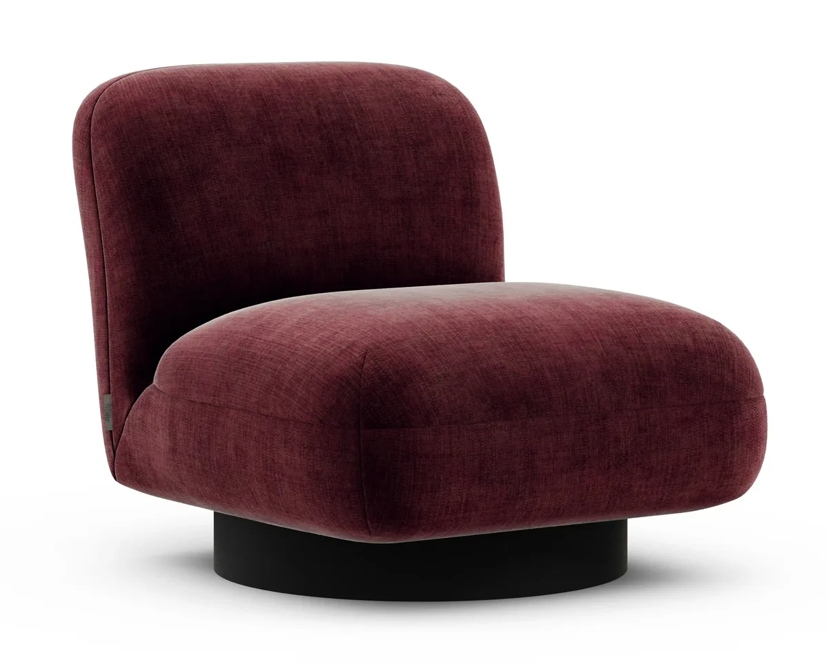 Graf armchair in Fargotex Golden 68, a burgundy chenille velvet, three-quarter view