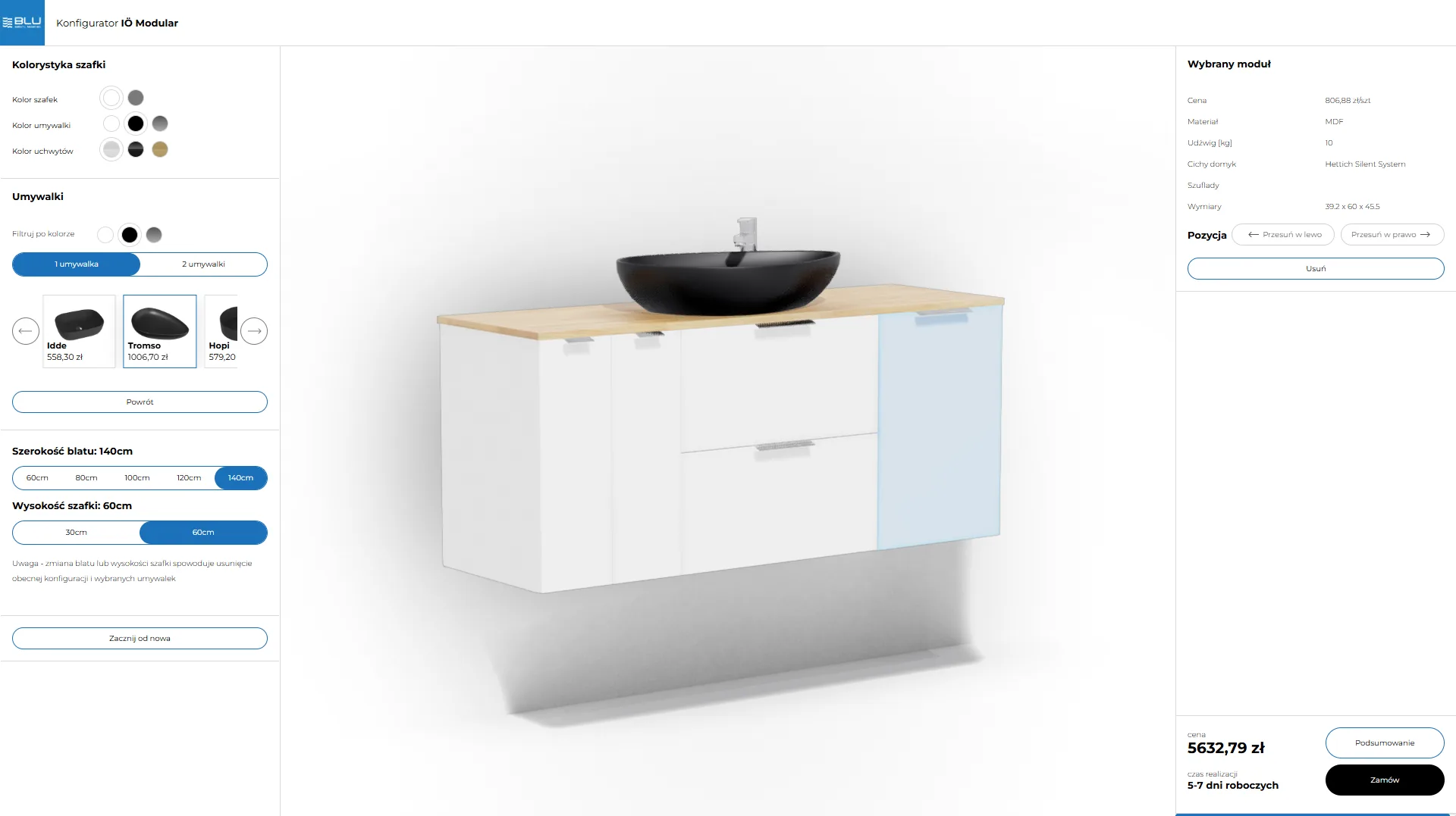 The configurator screen: cabinet, basin and handle colours on the left, the unit in the middle, the picked module's price, material and dimensions on the right