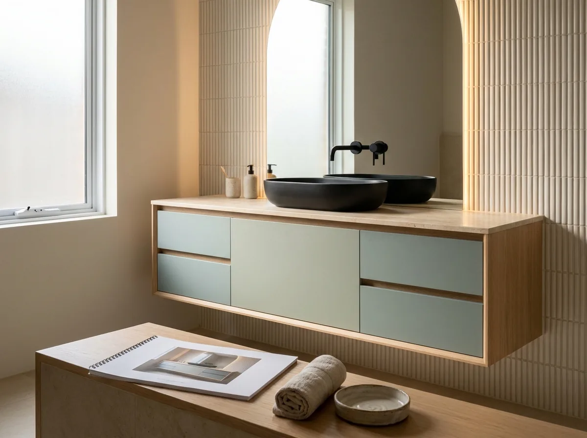 The same bathroom with the printed offer lying on the bench, the render of that exact unit on its cover