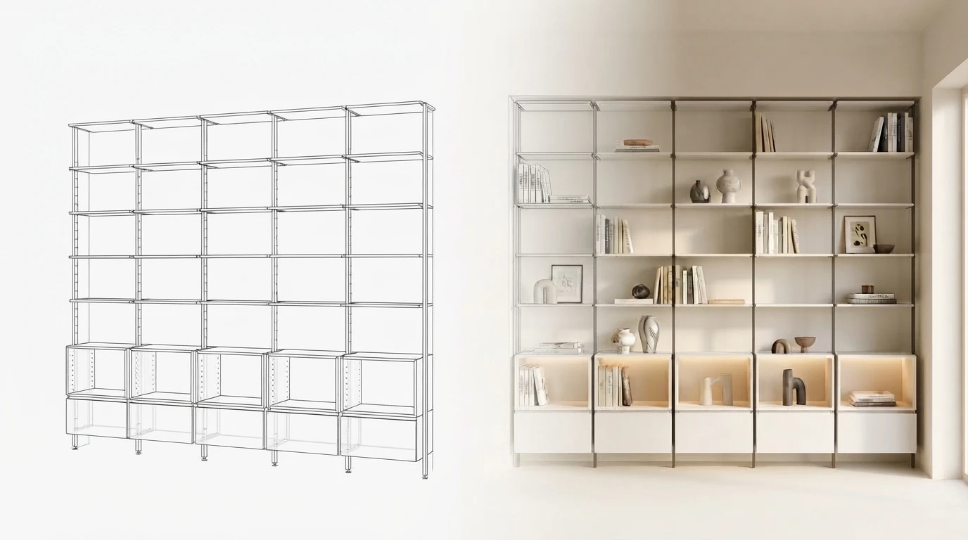 The same shelving wall twice: on the left the parametric drawing with every module and shelf position, on the right the render it produces
