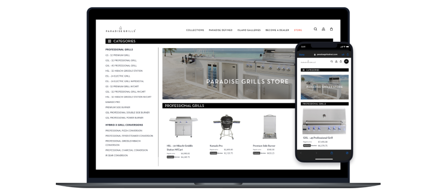 The customer's own browser on a laptop and a phone, where a remote offer is signed and paid