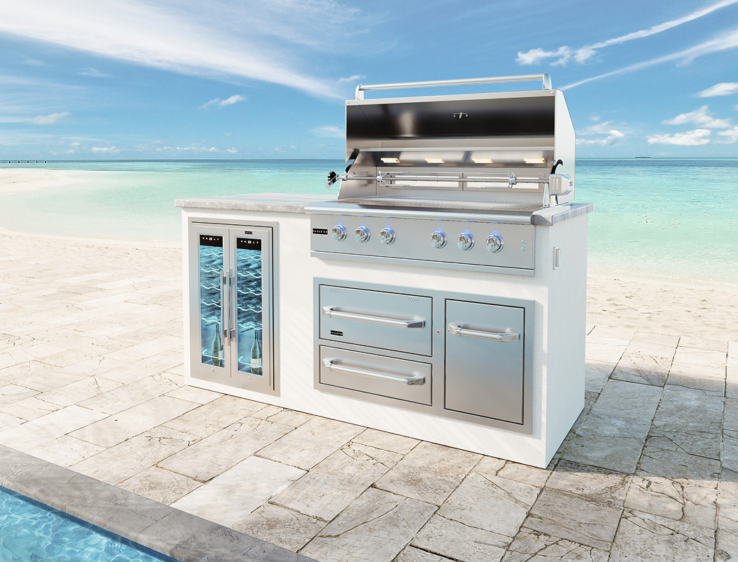 A finished island on a beach terrace, the destination the catalog is sold as
