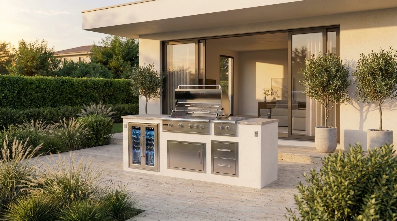 The same island rendered into the customer's own patio, beside their house
