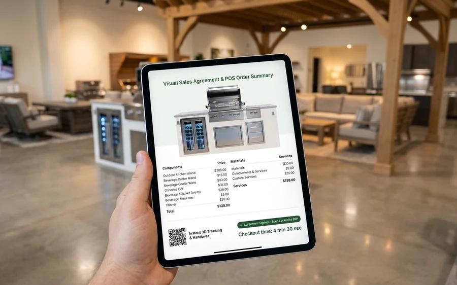 A tablet held on the showroom floor showing the visual sales agreement and POS order summary