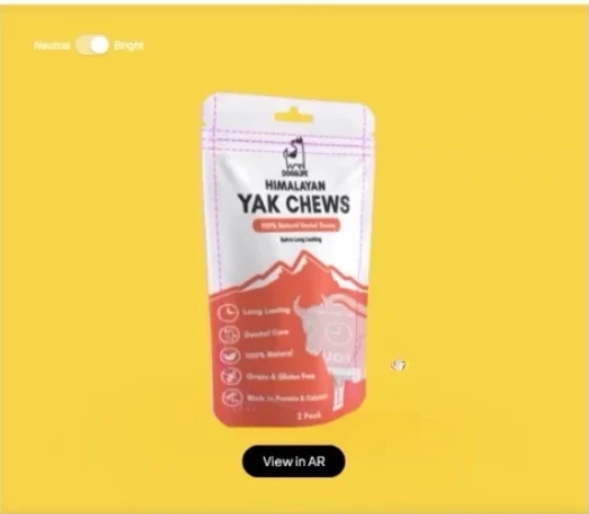 A stand-up pouch in the configurator with a customer's dog-treat artwork applied to it, and the button that opens it in AR