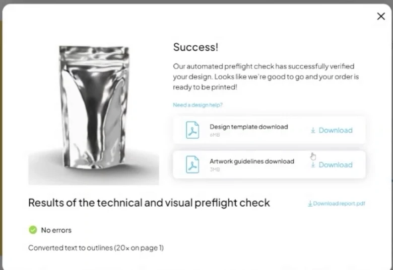 The preflight result panel: success, the technical and visual check with no errors, and the report to download