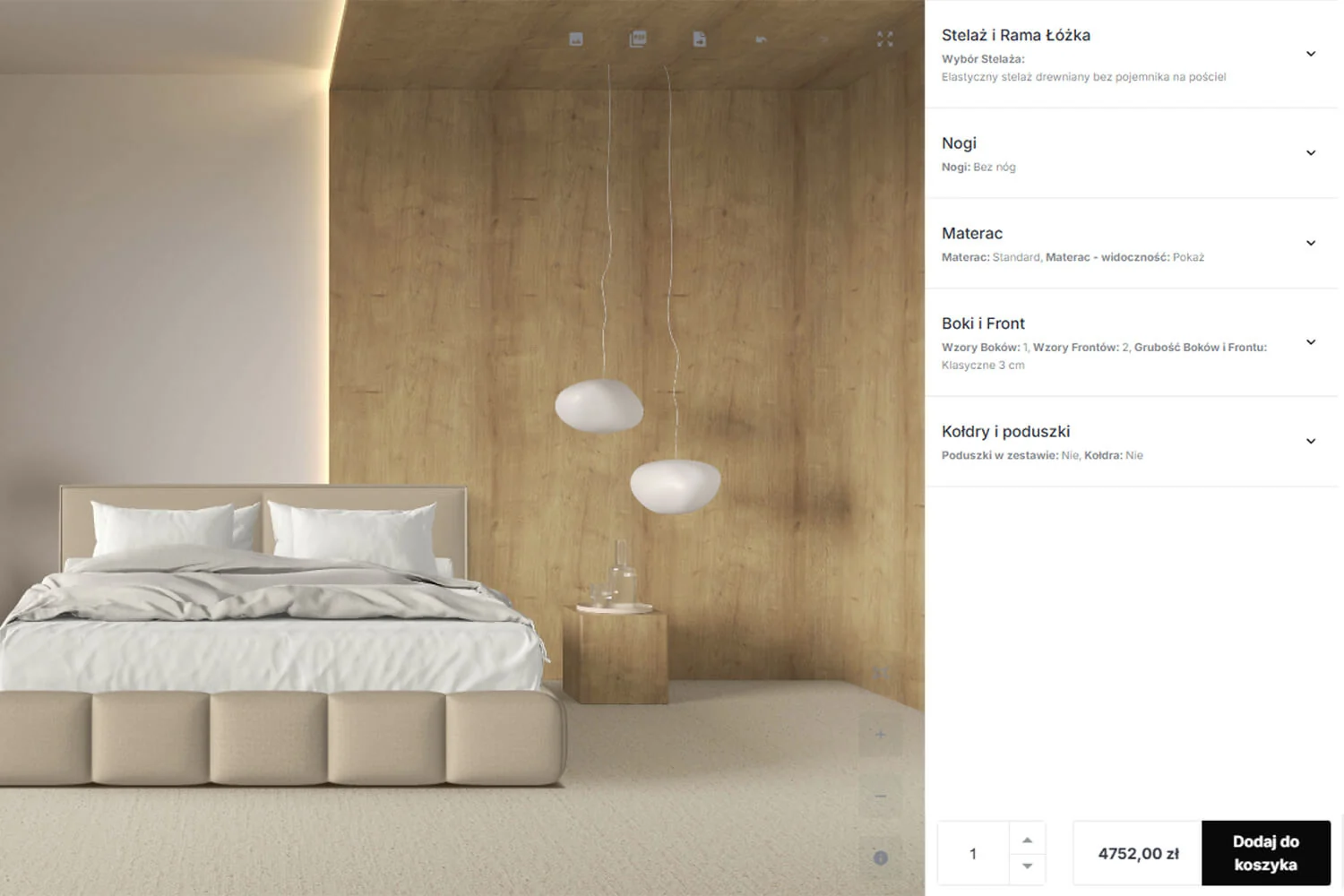 MyBed's bed configurator on mybed.pl, built by Ar-range: a beige upholstered bed in a wood-panelled bedroom beside its options for frame, legs, mattress, side and front panels and bedding, priced at 4,752 zł