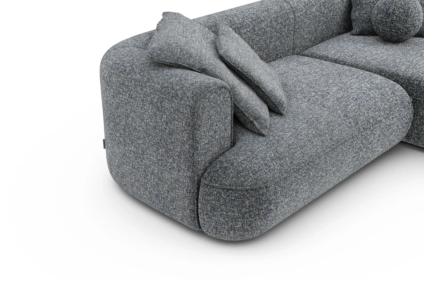 Close-up render of the Gio corner sofa in Fargotex Corbett 78, a blue-grey salt-and-pepper basketweave