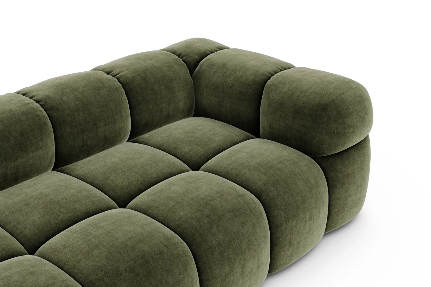 Close-up render of the Mellven sofa in Fargotex Golden 35, olive chenille velvet with a directional sheen