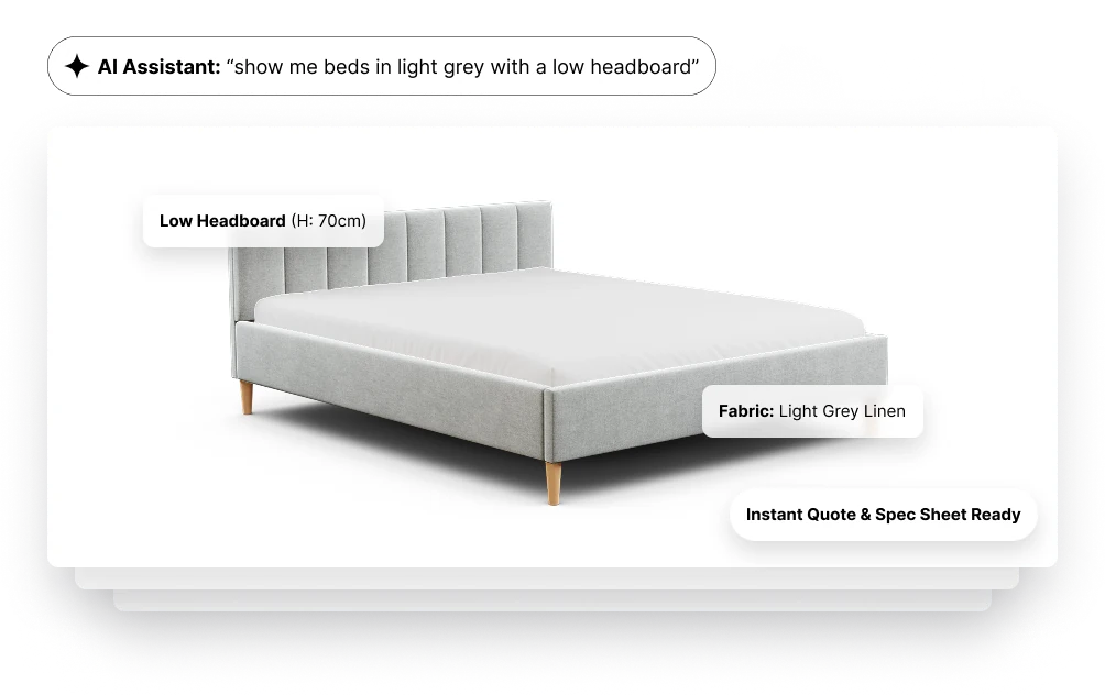 A plain-language request for light grey beds with a low headboard, answered with the bed rendered and its fabric and headboard height called out