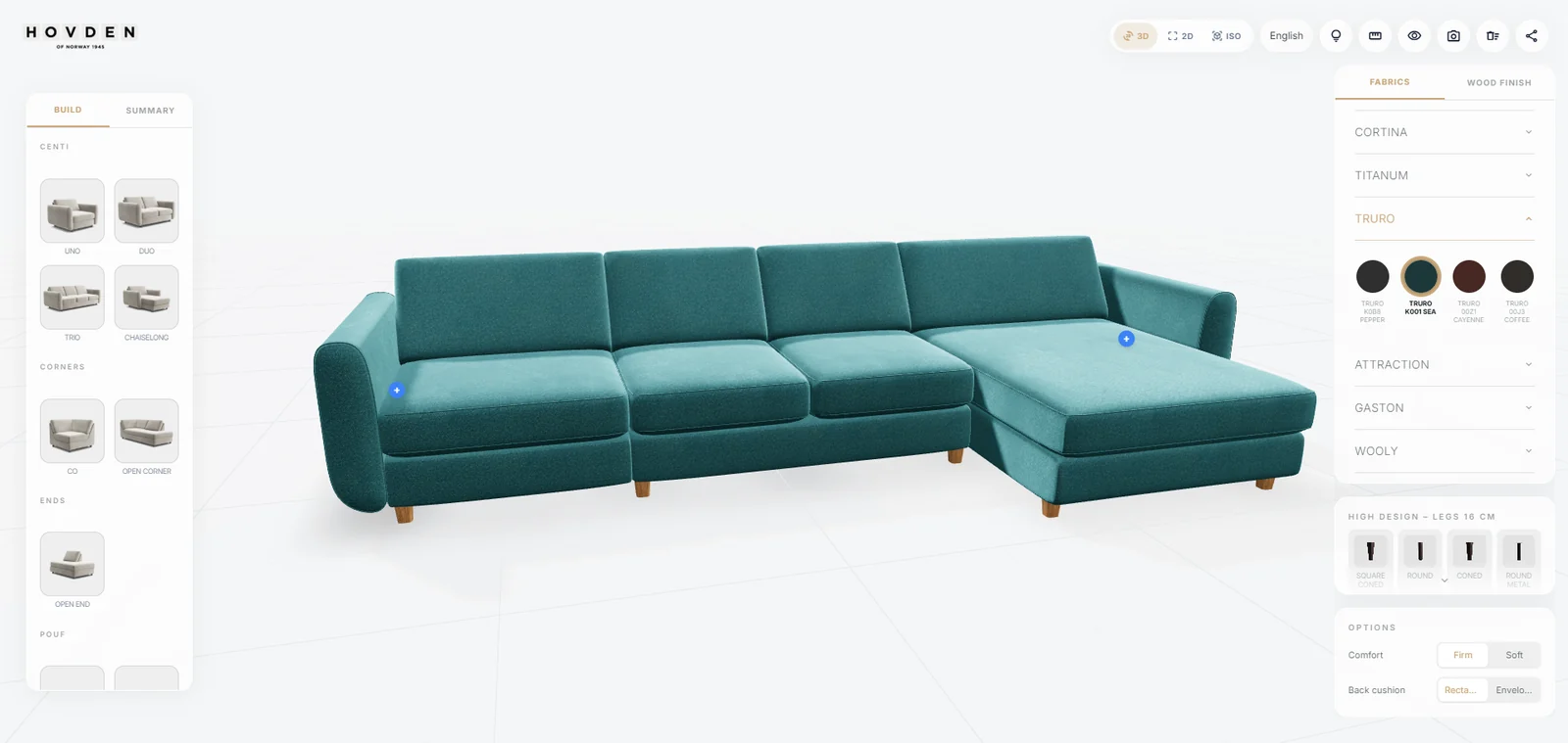 Hovden modular sofa configurator on the showroom screen: a teal corner sofa with chaise, modules on the left, fabrics, legs and arms on the right