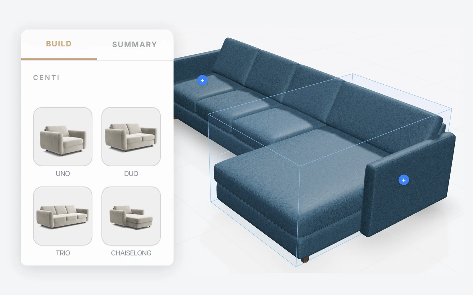Configurator module palette beside a corner sofa whose chaise is snapping into place