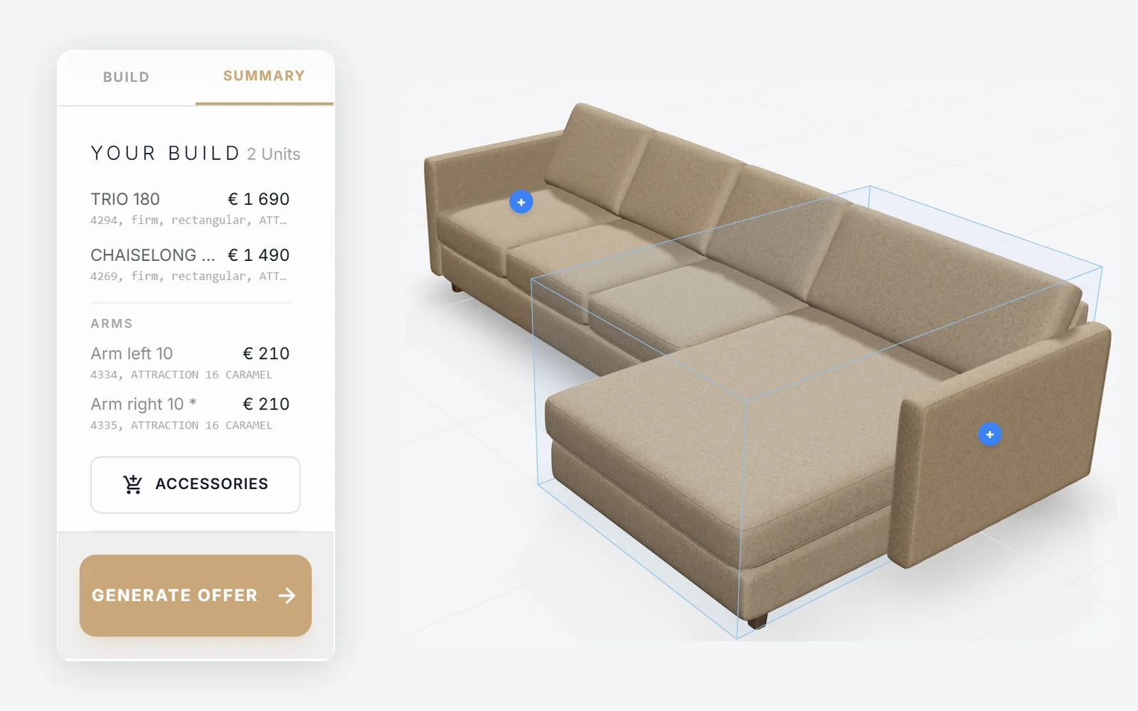Build summary listing each module with its price, and a Generate offer button