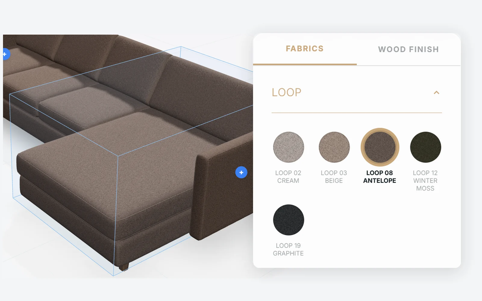 Chaise in Loop 08 Antelope fabric next to the fabric picker