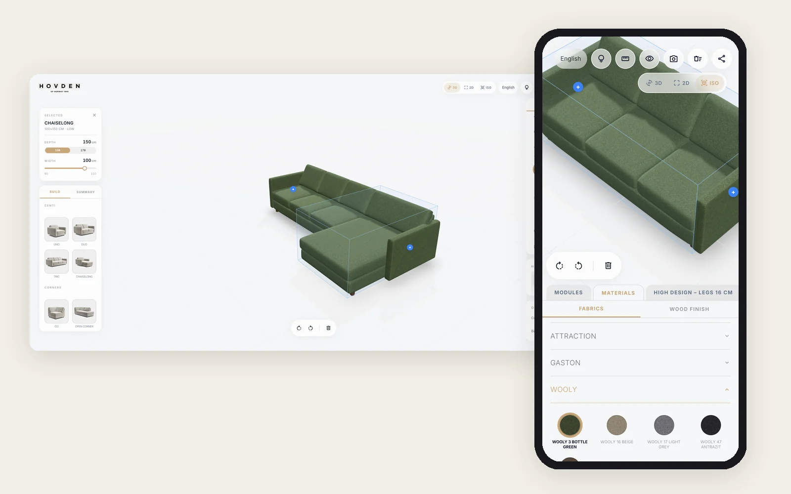The same sofa build on the showroom screen and in the buyer's phone