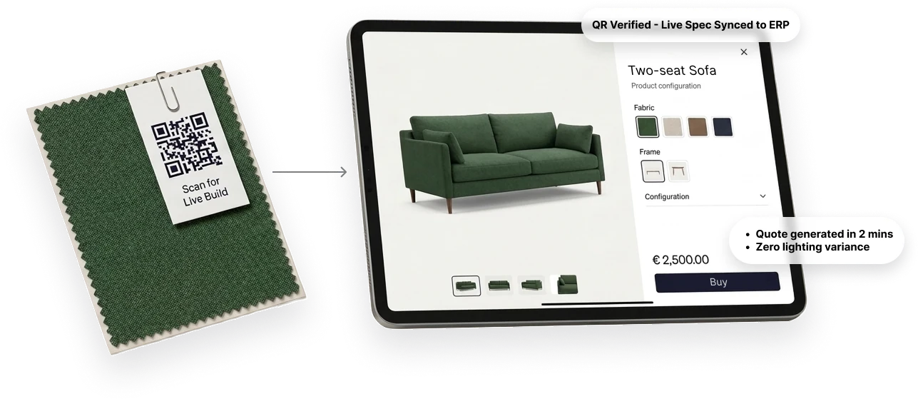 A fabric sample tagged with a QR code, scanned to open the same sofa configured on a tablet with its price
