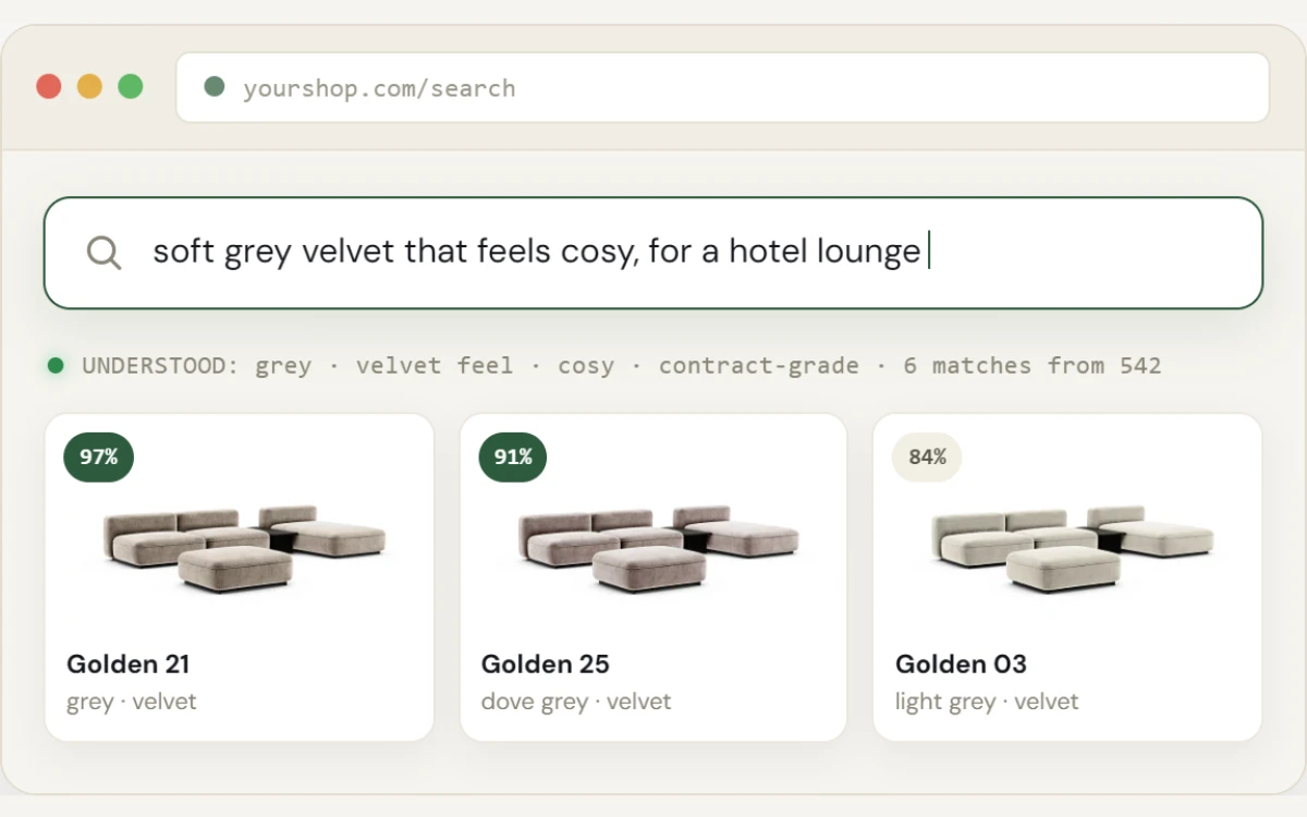 AI Search answering soft grey velvet for a hotel lounge with three velvets and their match scores