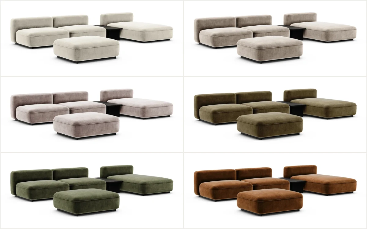 One modular sofa rendered in six Golden velvet colourways