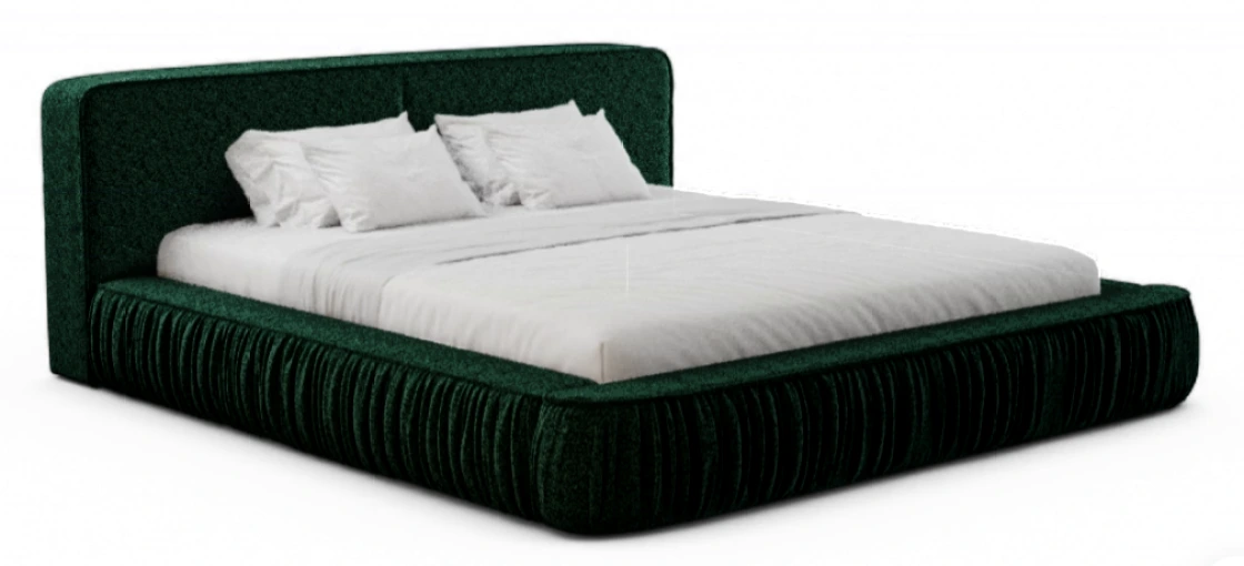 The bed the sentence asked for: dark green woven fabric, tall headboard