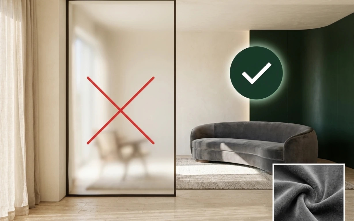 A blurred room crossed out beside the grey velvet sofa a buyer meant, with the weave shown close up