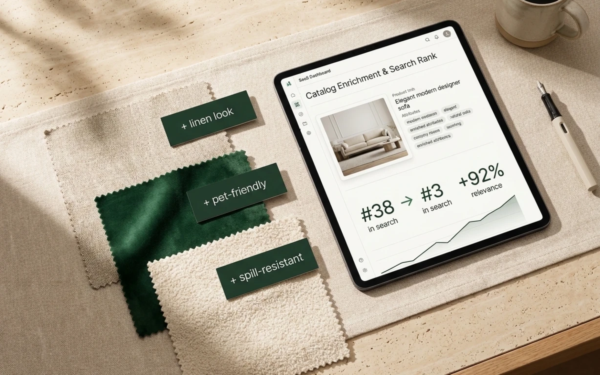 Fabric samples labelled linen look, pet-friendly and spill-resistant beside a tablet showing the product climbing from rank 38 to rank 3