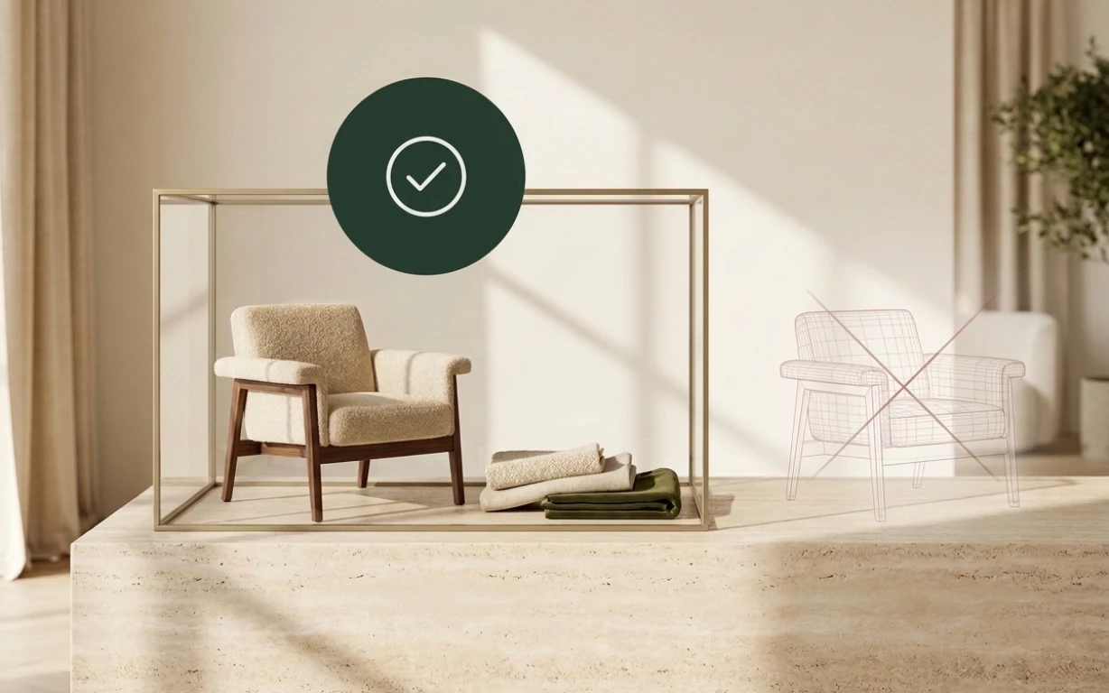 A real chair inside a gallery case, ticked, beside a wireframe chair crossed out: the search returns only what you sell