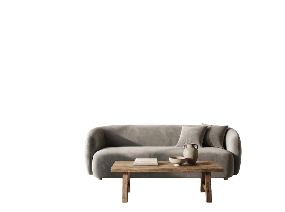 A grey velvet sofa with a rustic oak coffee table, found by the search 'cozy grey velvet'